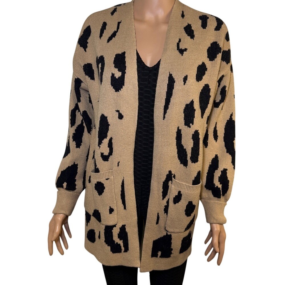 Chic Leopard Print Open Front Cardigan Sweater in‎ Tan and Black Size Large